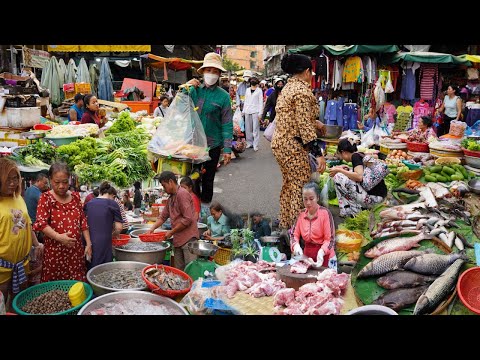 Orussey Street Market in Evening - Daily Activities & Lifestyle of Khmer People in Market Town