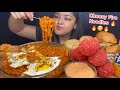 CHEESY SAMYANG FIRE NOODLES WITH RICE CAKES CHEETOS CHICKEN DRUMSTICKS AND CHICKEN BURGERS EGGS