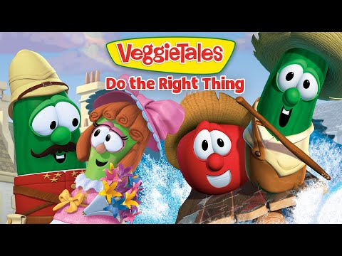 VeggieTales characters cheerfully ride a splashy log raft, dressed for a tropical adventure. Brand title 'VeggieTales Do the Right Thing' above them.
