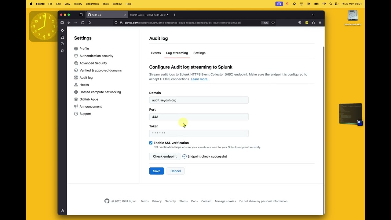 GitHub Enterprise Audit Log Streaming Setup