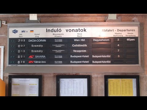 Hungary: Solari split-flap train arrival/departure board at Gyor railway station