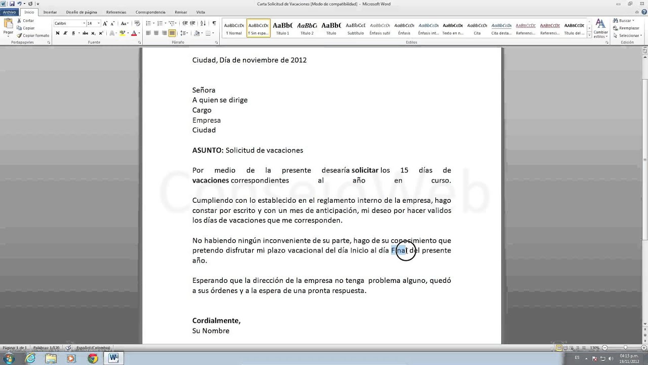 Como hacer una carta de solicitud de vacaciones en word 2010
