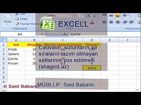 Exceldə cədvəlin, sütunların və sıraların lazım olmayan xətlərinin yox edilməsi (shagird.az)