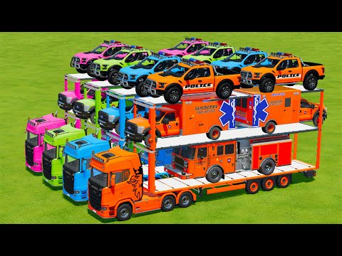 LOAD POLICE CARS, AMBULANCE AND FIRE TRUCK WIH SCANIA TRUCK - Farming Simulator 22