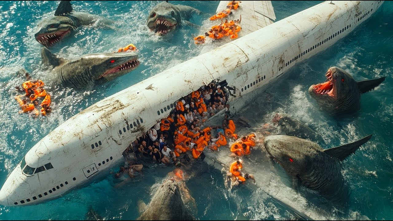 Passengers fall into a SHARK nest and ALL of them are drawn in to feed