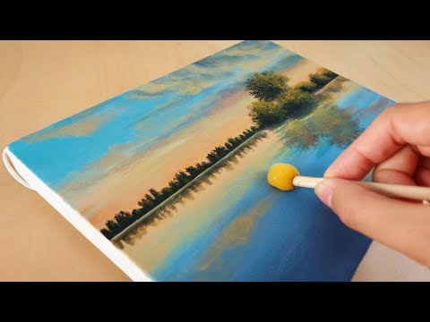 Dreamy lake sunset painting 🌅/Learn  Acrylic Painting for Beginners/Techniques easy Using a cotton