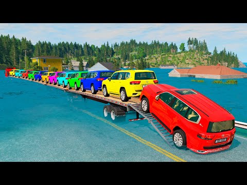 Five Flatbed Trailer McQueen Transportation with Truck - Speedbumps vs Cars vs Train - BeamNG #267