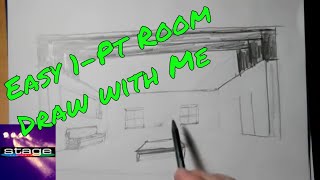 One Point Perspective Room Drawing on a Stage.follow step by step. Draw it with me.