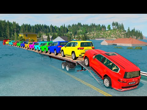 Five Flatbed Trailer McQueen Transportation with Truck - Speedbumps vs Cars vs Train - BeamNG #265