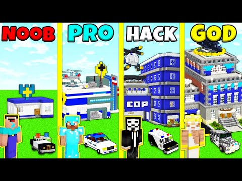 Minecraft Battle: NOOB vs PRO vs HACKER vs GOD: POLICE STATION HOUSE BUILD CHALLENGE / Animation