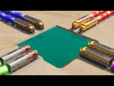 Impossible Water Pothole Rail Tracks Vs Trains Crossing Giant Pit - BeamNG.Drive