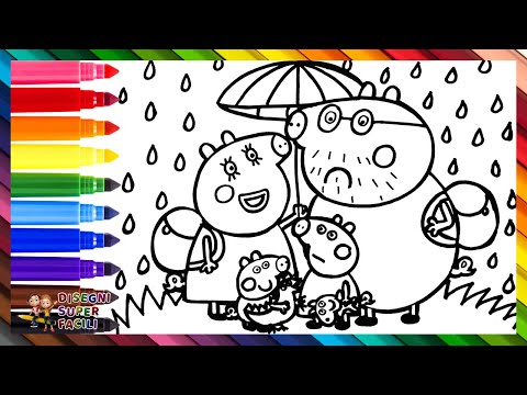Disegnare e Colorare Peppa Pig con la Sua Famiglia sotto la Pioggia 🐷🐷🐷🐷☔🌈 Disegni per Bambini