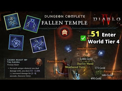 Sorcerer New Tal'Rasha Lightning Build w/ Lv51 Solo Fallen Temple - Diablo 4 S1
