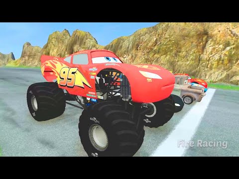 Big & Small Lightning McQueen vs Tow Mater vs Chick Hicks Cars vs DOWN OF DEATH in BeamNG.Drive