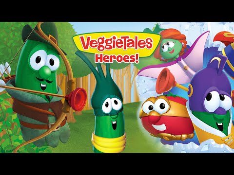Promotional VeggieTales Heroes image showing friendly veggie characters posing for an adventure, with the title VeggieTales Heroes! across the top.