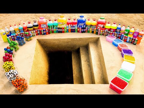 Experiment: Giant Soda, Schweppes, Mtn Dew, 7up, Balls & Coca-Cola vs Mentos in Stepped Pit!