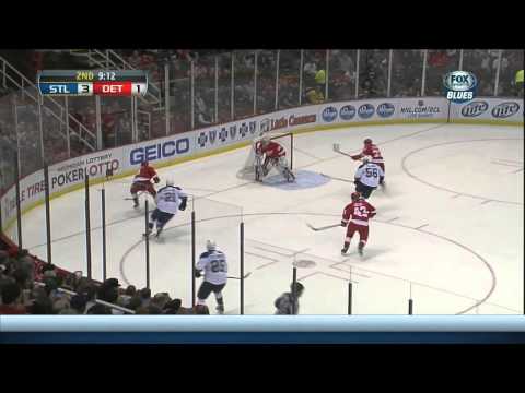 Jaroslav Halak great save on wrap around  St. Louis Blues vs Detroit Red Wings 1/20/14 NHL Hockey.