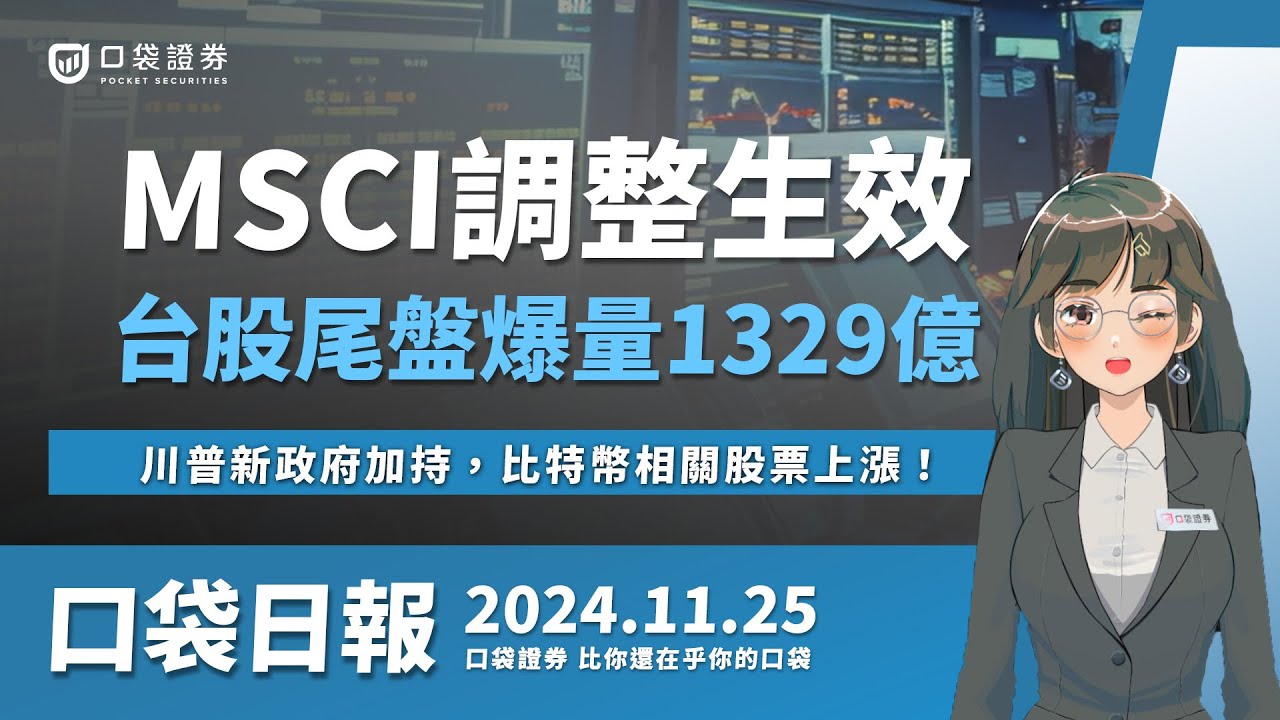 【口袋日報】MSCI調整生效,台股尾盤爆量!年底作帳行情即將啟動,美超微下市危機暫除,川普新政府加持,比特幣相關股票上漲!2024.11.25