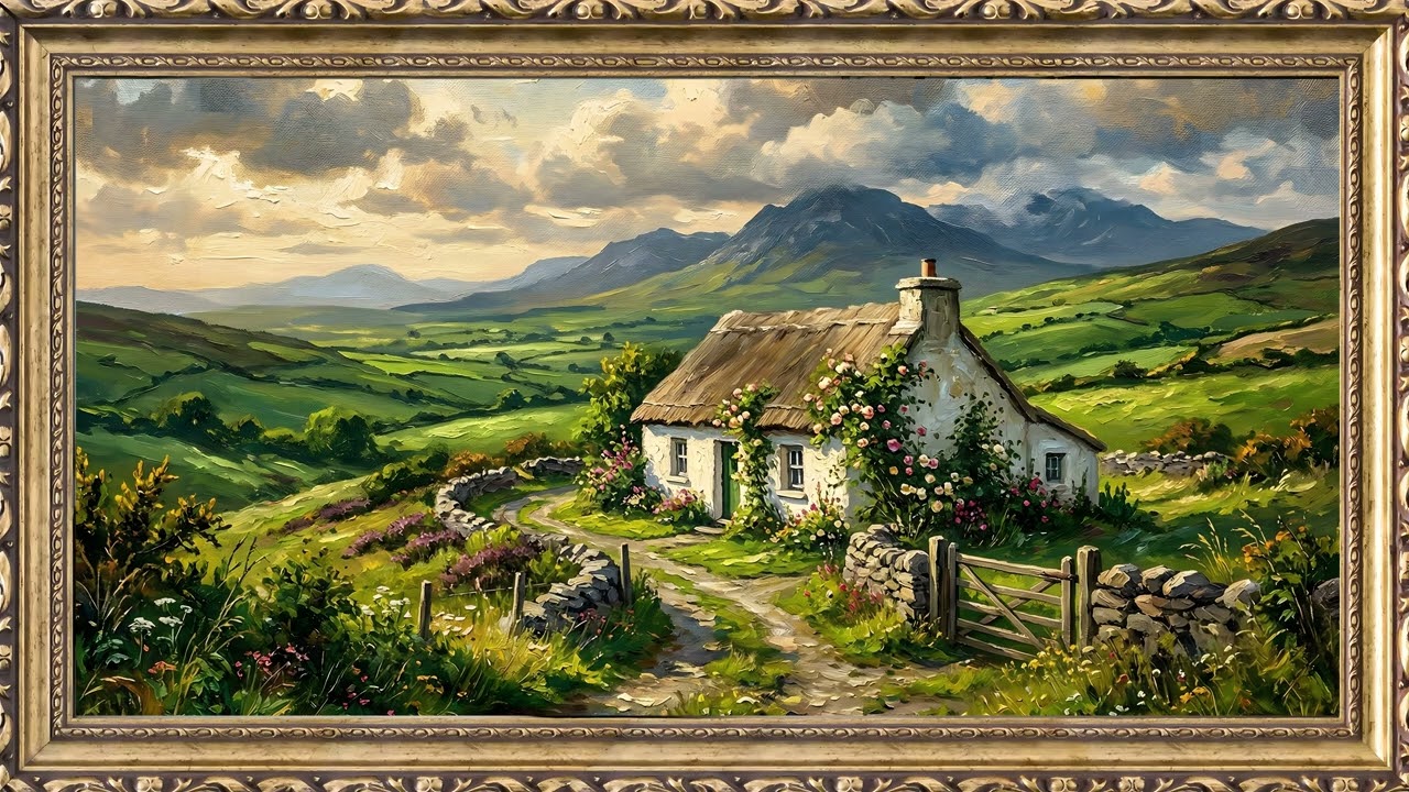 Irish Cottage Spring Morning - Old Money - 4K Art — 4K ambient art screensaver in baroque gold frame