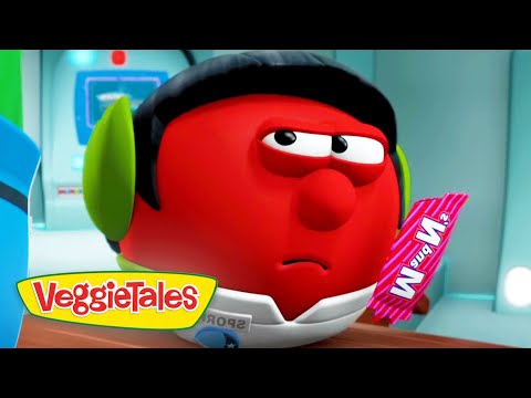 Red VeggieTales character with green earmuffs and a white collar, holding a pink striped candy bar, looking disappointed or bored in a futuristic setting.