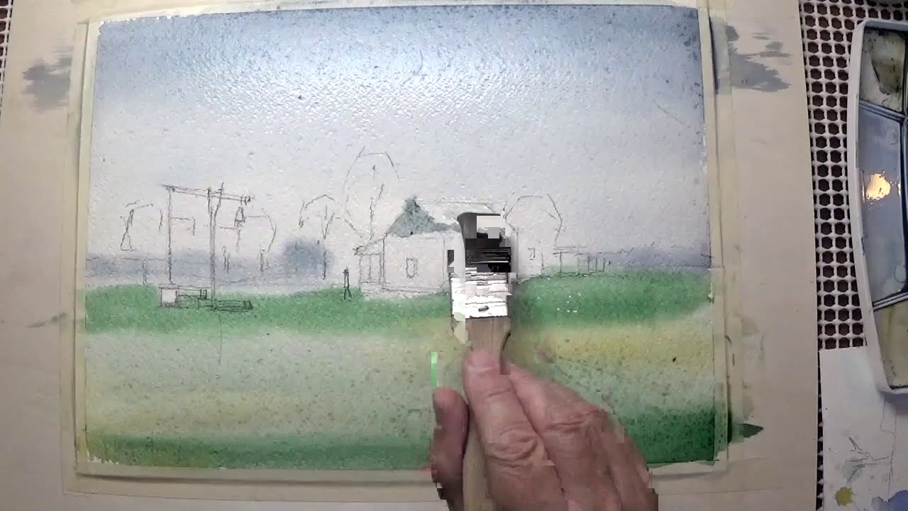 watercolor landscape painting of a farm by vamos