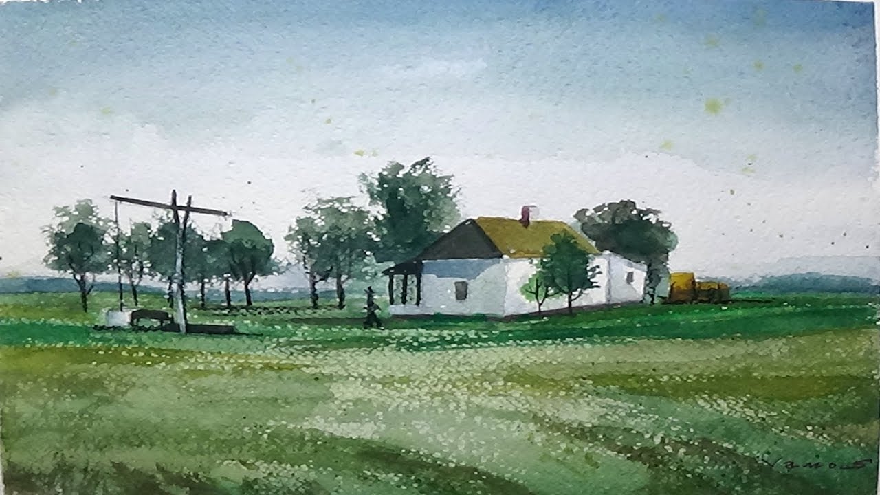 watercolor landscape painting of a farm by vamos