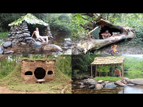 Primitive Technology: Build Stone Hut, House in the Trunk, Hobbit House, Tiled Roof Hut
