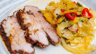 Slow Roasted Pork Butt with Stewed Cabbage and Kale.