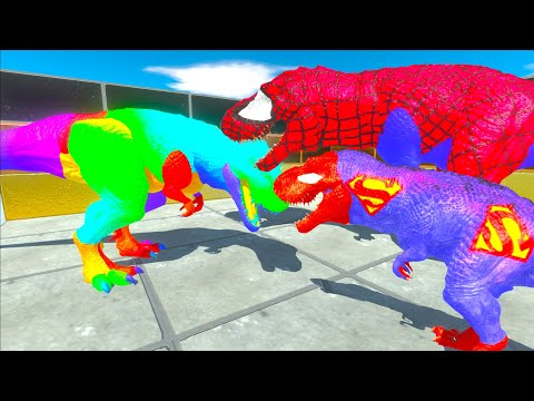 Superman Spiderman T-Rex Dinosaur Team vs Rainbow T-Rex Death Run - Animal Revolt Battle Simulator