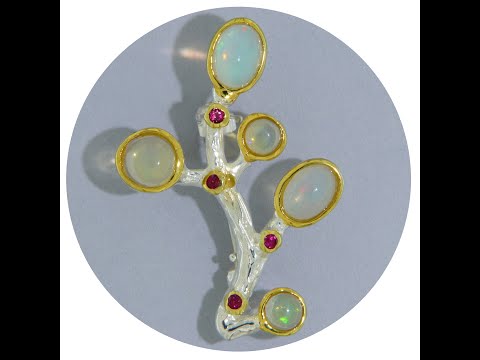 Brosa Argint 925 Accente Aurite Opal Granat Rodolit Naturale - Ramura Delicata