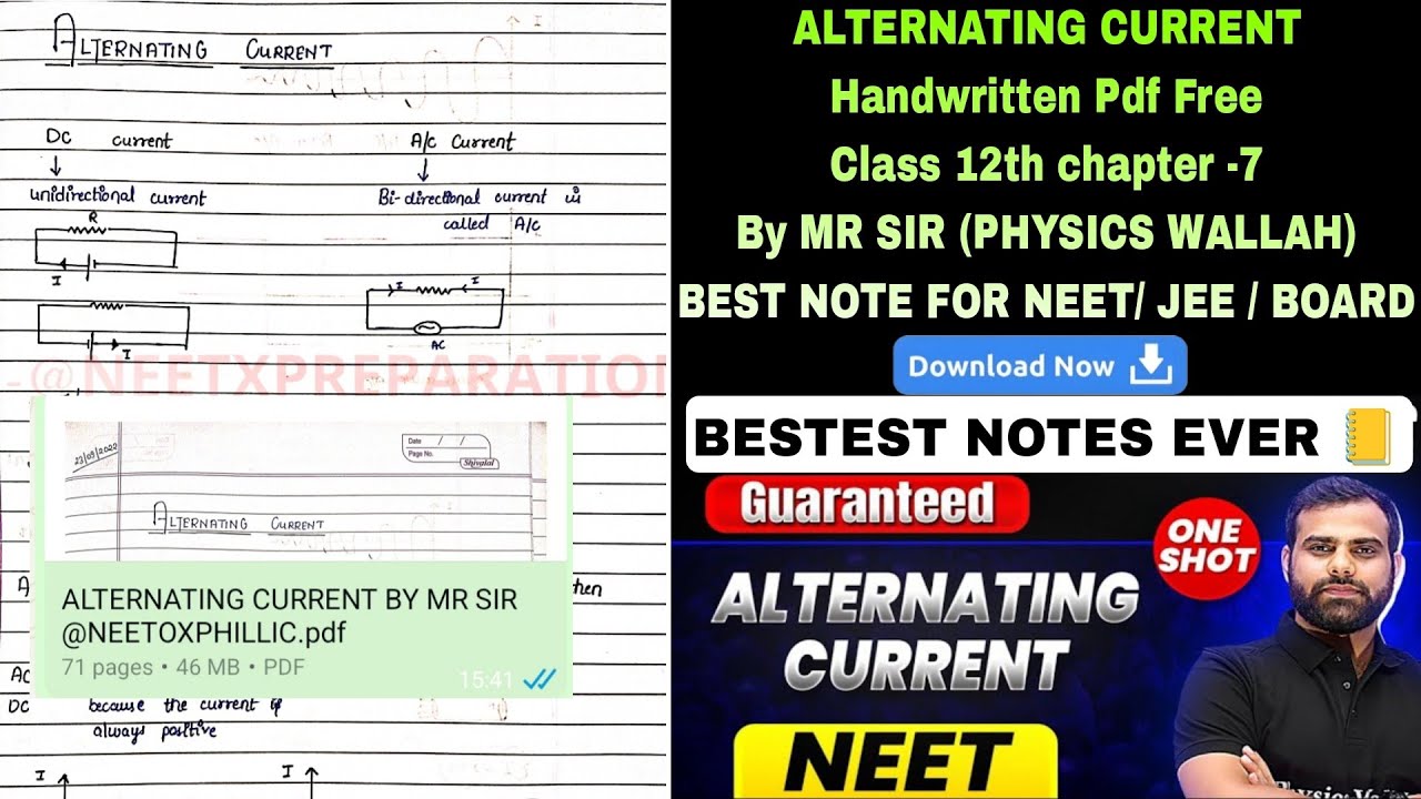 Alternating Current – Class 12 Physics Chapter 7 | Handwritten Notes PDF by MR Sir | NEET 2026
