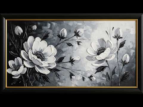Monochrome Peony Elegance | Gold Frame TV Art | 4K Minimal Floral Screensaver