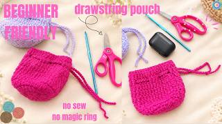 crochet drawstring pouch tutorial for BEGINNERS 🛍 NO magic Ring / NO SEW 👝 easy diy crochet pouch