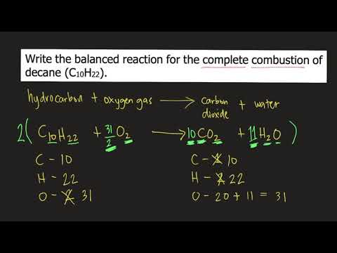 Write the balanced reaction for the complete combustion of decane (C10H22).