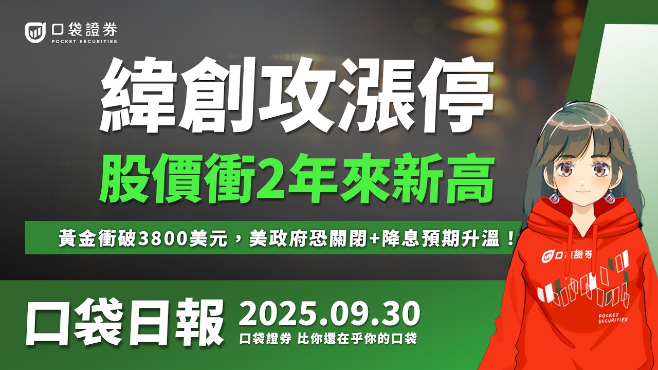 【口袋日報】緯創強攻漲停,股價衝2年來新高!黃金衝破3800美元,美政府恐關閉+降息預期升溫!?2025.09.30