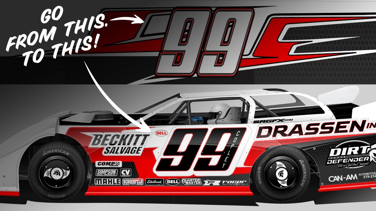 Adjusting a red, black and white #99 Dirt Late Model wrap design