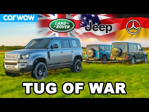 Mercedes G350 v Land Rover Defender v Jeep Wrangler - TUG OF WAR