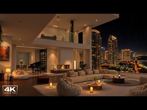 Elegant Night Jazz in Luxury Miami Apartment 🌃 Slow Jazz with Rain & Fireplace Sounds to Unwind
