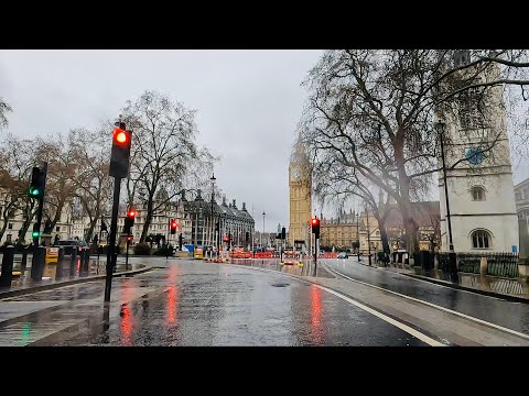Early Morning Drive in Central London in Cold and Rain | From East to South and West | March 2023