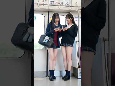 電車の中で楽しそうに会話している日本の女子高生2人