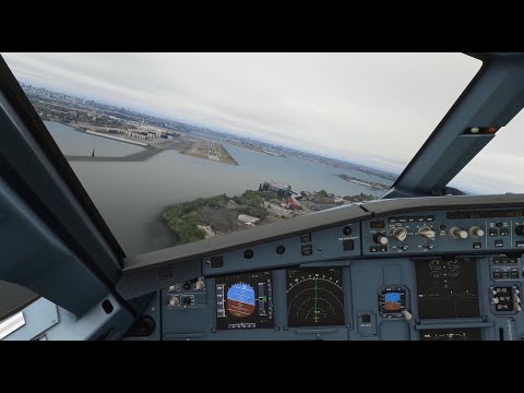 A320 cockpit view landing at KLGA La Guardia, New York. Visual Expressway, Runway 31