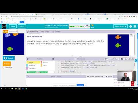 Unit 3 Lesson 12: Sprite Movement (swimming fish) Code.org Discoveries 20/21