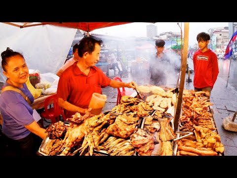 Cambodia Street Food in Heavy Rain - Roasted Duck, Chicken, Fish, Fried Rice, Noodles, & More