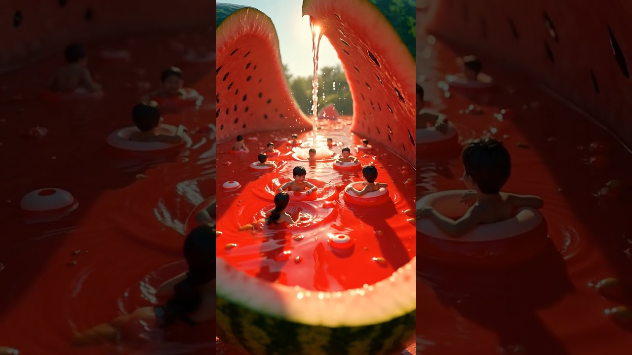 AI-Generated Tiny humans take a refreshing dip in a giant watermelon pool! 🍉💦 #MiniatureWorld #ai