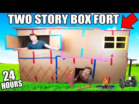 TWO STORY BOX FORT MANSION!! 24 Hour Challenge: TV, Gaming Console, Kitchen & More! Video