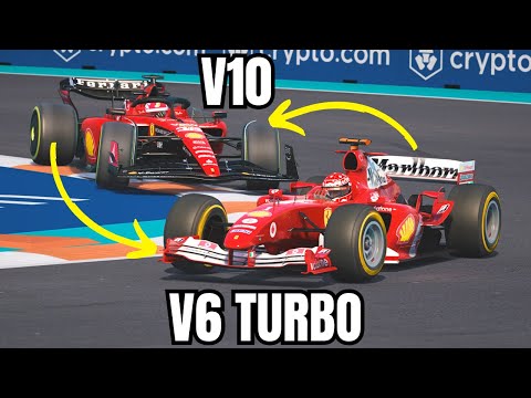 Ferrari F1 2023 SF-23 With V10 ENGINE vs Ferrari F2004 With V6 TURBO ENGINE at MIAMI GP