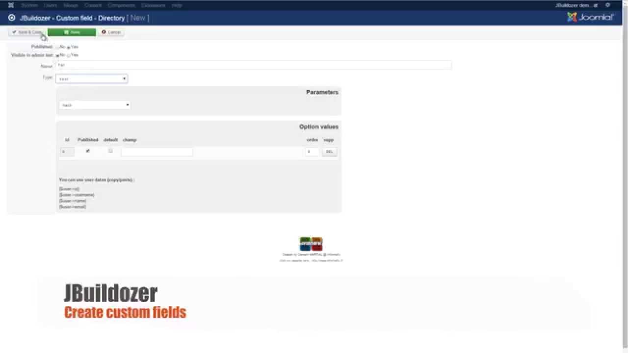 JBuildozer for Joomla! - Create custom fields