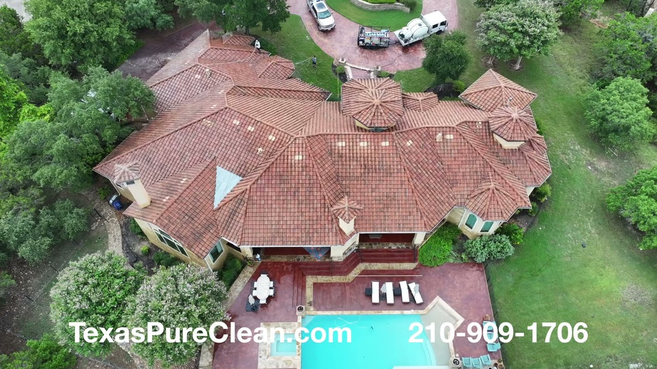 Tile roof in Boerne, Texas before and after soft wash cleaning