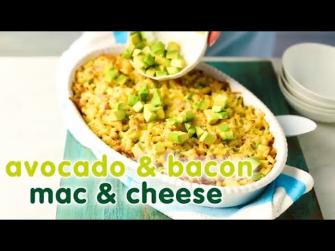 Creamy baked macaroni and cheese recipe with avocado and bacon