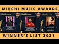 MIRCHI MUSIC AWARDS 2021 WINNER S LIST AWARD WINNER S VIJAY TV TAMIL 2021